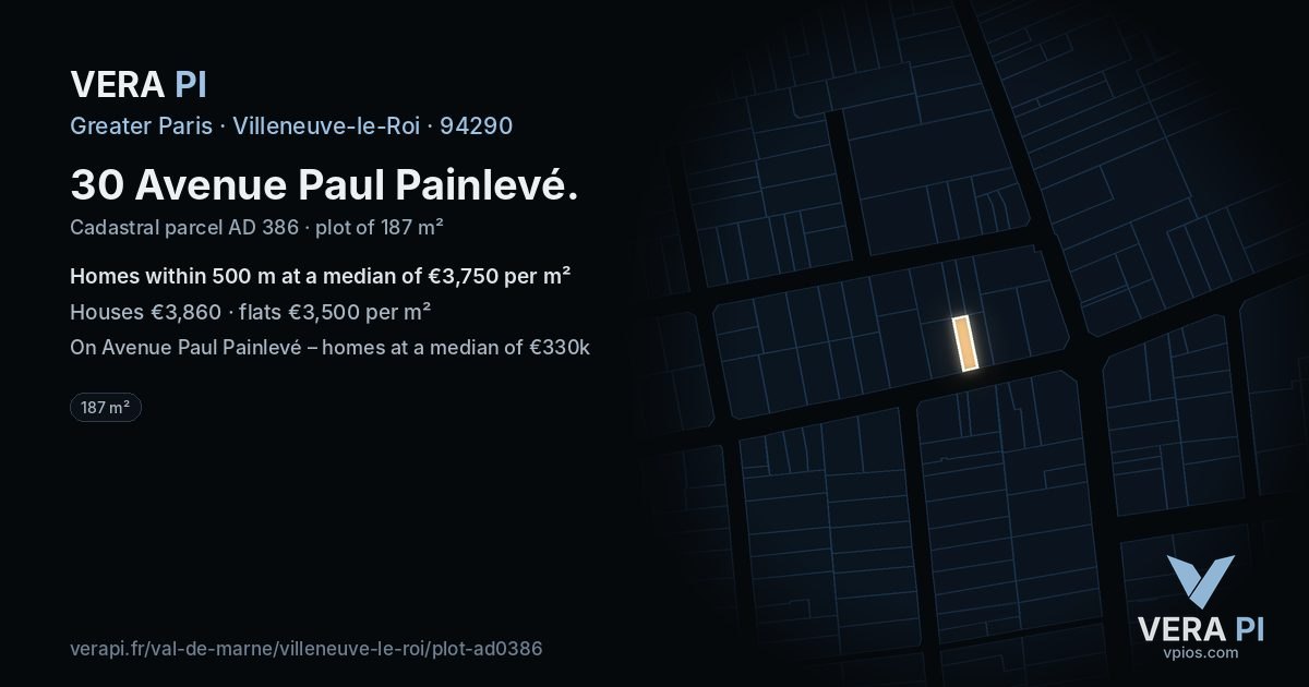 30 Avenue Paul Painlevé, Villeneuve-le-Roi at night – the plot lit, the parcels around coloured by the prices near them