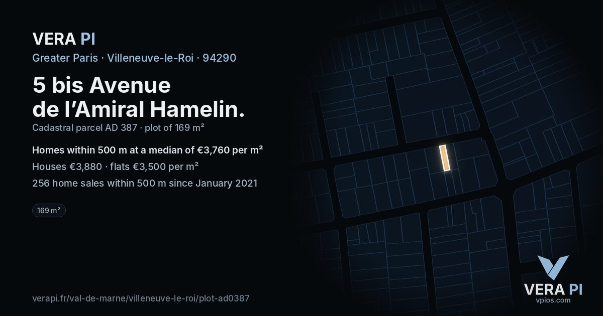 5 bis Avenue de l’Amiral Hamelin, Villeneuve-le-Roi at night – the plot lit, the parcels around coloured by the prices near them
