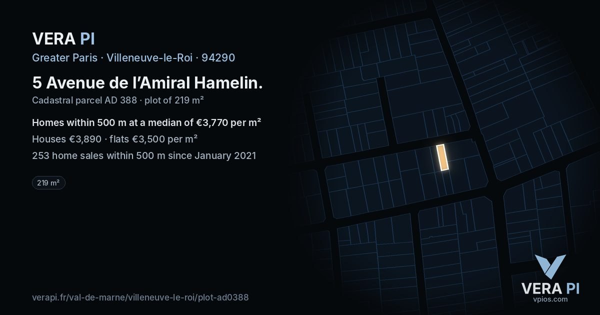 5 Avenue de l’Amiral Hamelin, Villeneuve-le-Roi at night – the plot lit, the parcels around coloured by the prices near them