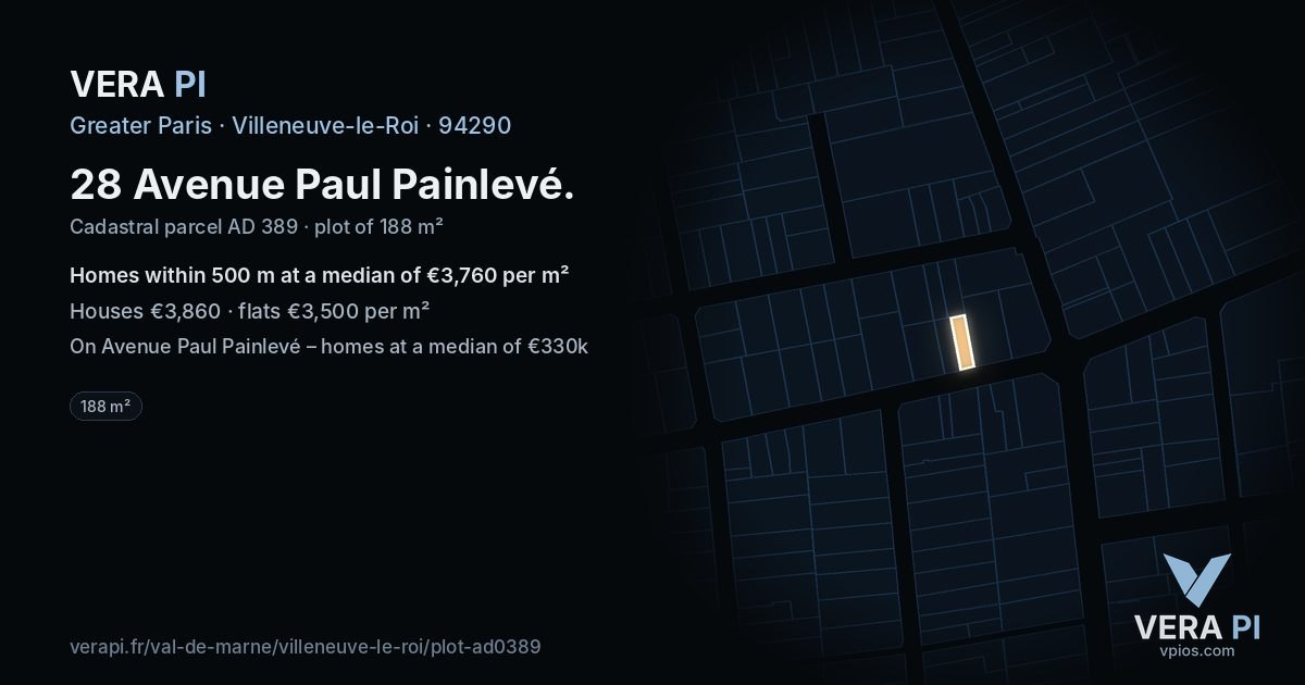 28 Avenue Paul Painlevé, Villeneuve-le-Roi at night – the plot lit, the parcels around coloured by the prices near them