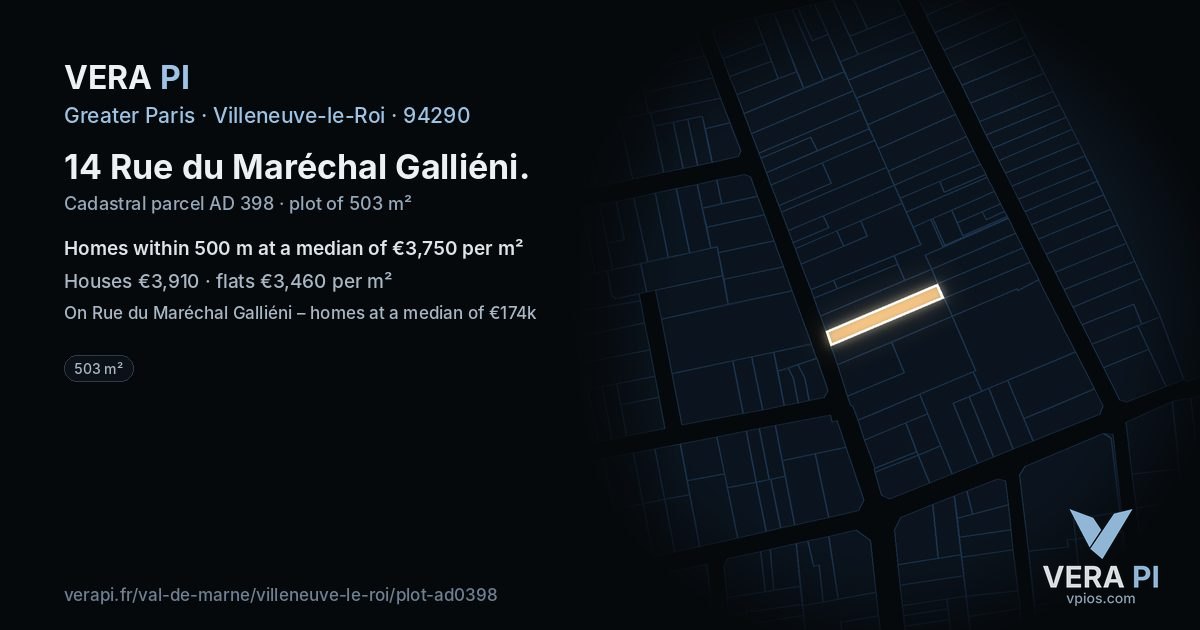 14 Rue du Maréchal Galliéni, Villeneuve-le-Roi at night – the plot lit, the parcels around coloured by the prices near them