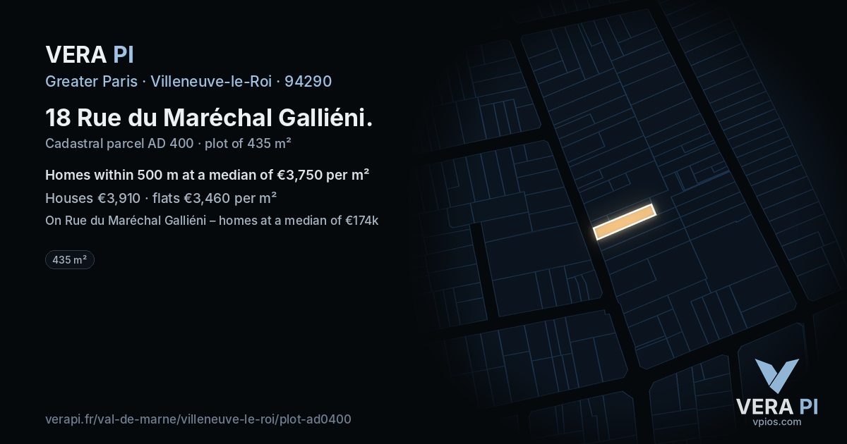 18 Rue du Maréchal Galliéni, Villeneuve-le-Roi at night – the plot lit, the parcels around coloured by the prices near them