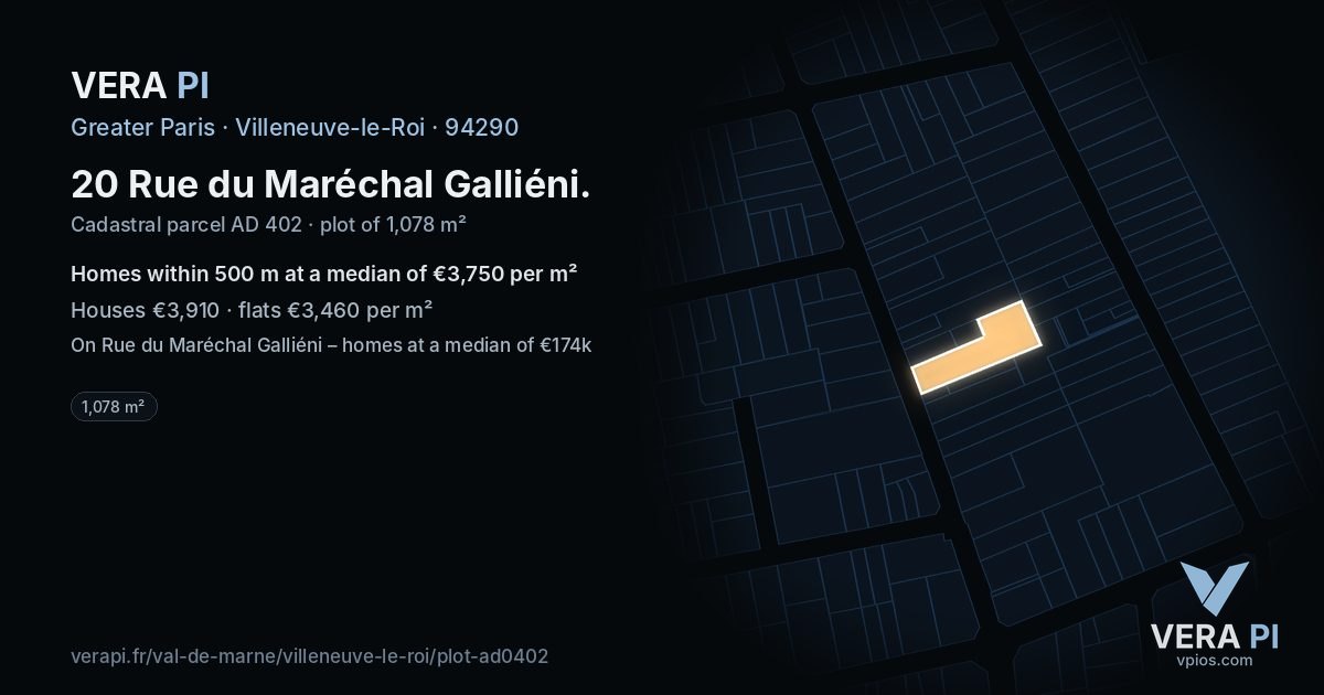 20 Rue du Maréchal Galliéni, Villeneuve-le-Roi at night – the plot lit, the parcels around coloured by the prices near them