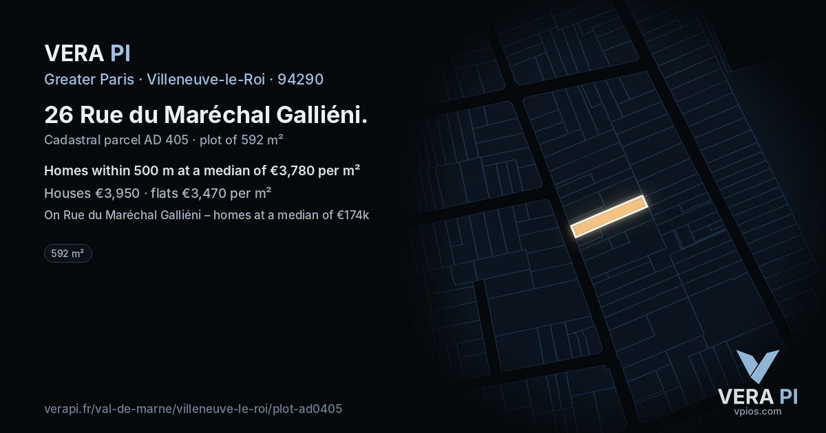 26 Rue du Maréchal Galliéni, Villeneuve-le-Roi at night – the plot lit, the parcels around coloured by the prices near them