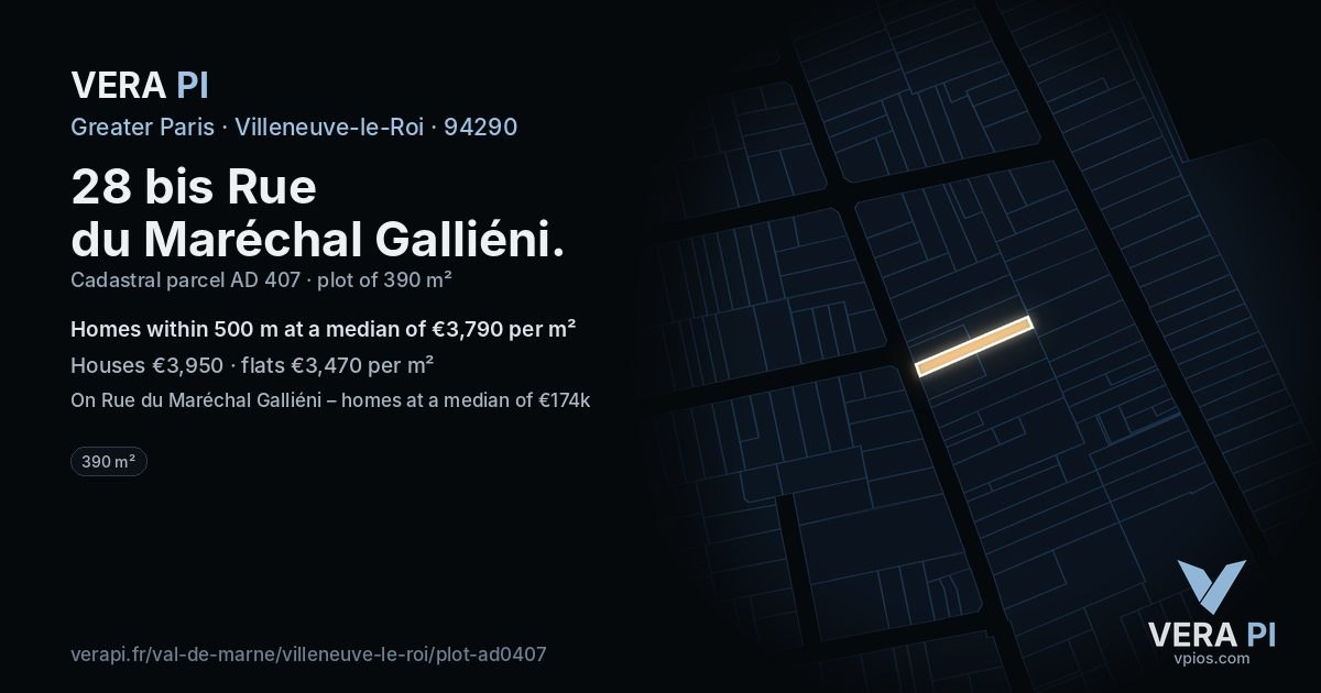 28 bis Rue du Maréchal Galliéni, Villeneuve-le-Roi at night – the plot lit, the parcels around coloured by the prices near them