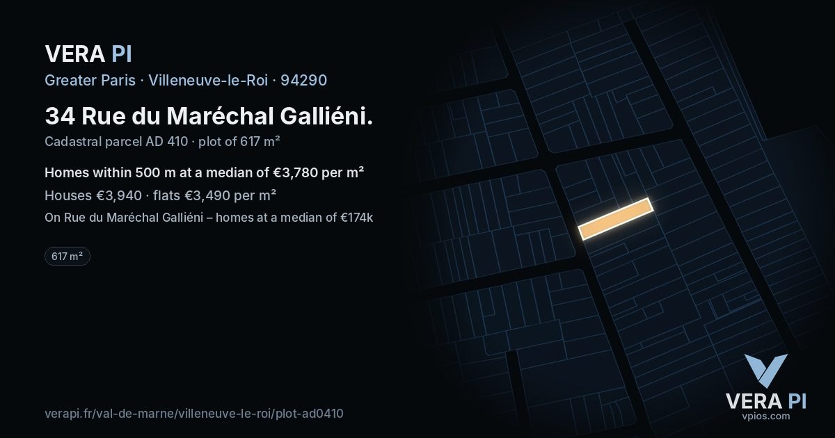 34 Rue du Maréchal Galliéni, Villeneuve-le-Roi at night – the plot lit, the parcels around coloured by the prices near them