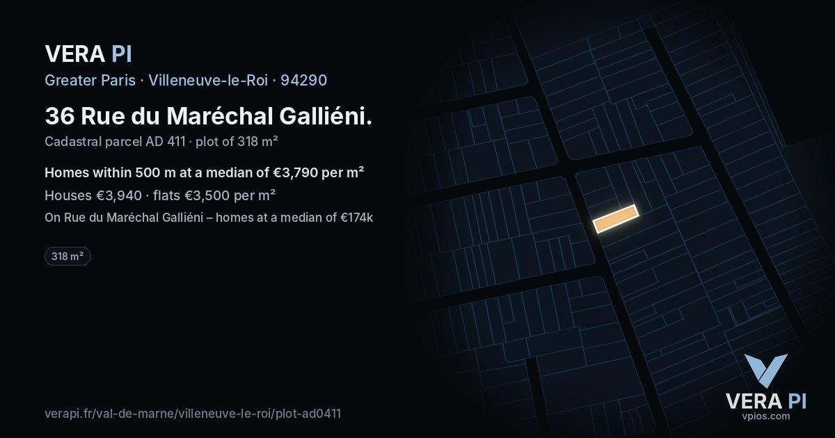 36 Rue du Maréchal Galliéni, Villeneuve-le-Roi at night – the plot lit, the parcels around coloured by the prices near them