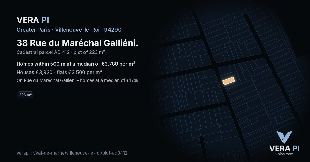 38 Rue du Maréchal Galliéni, Villeneuve-le-Roi at night – the plot lit, the parcels around coloured by the prices near them