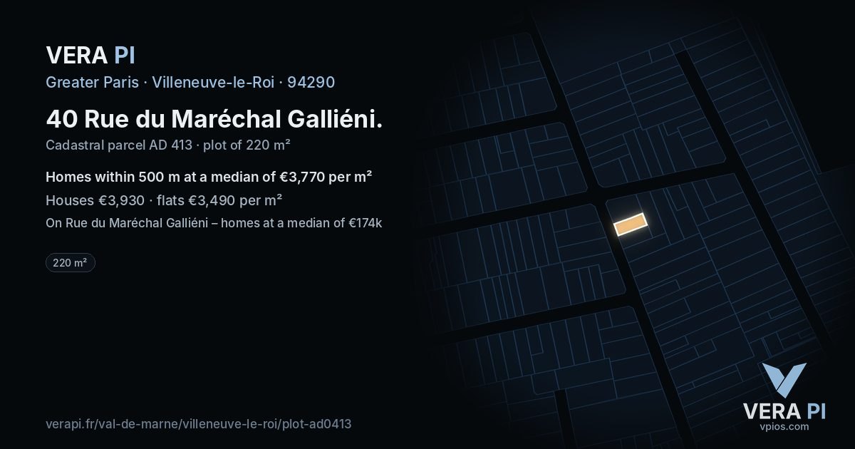 40 Rue du Maréchal Galliéni, Villeneuve-le-Roi at night – the plot lit, the parcels around coloured by the prices near them