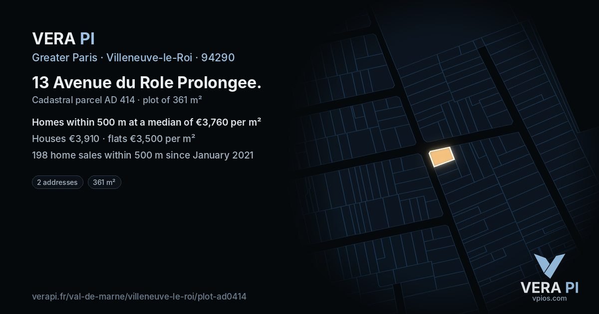 13 Avenue du Role Prolongee, Villeneuve-le-Roi at night – the plot lit, the parcels around coloured by the prices near them