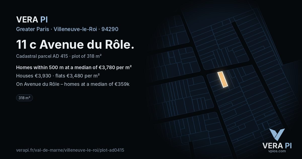 11 c Avenue du Rôle, Villeneuve-le-Roi at night – the plot lit, the parcels around coloured by the prices near them