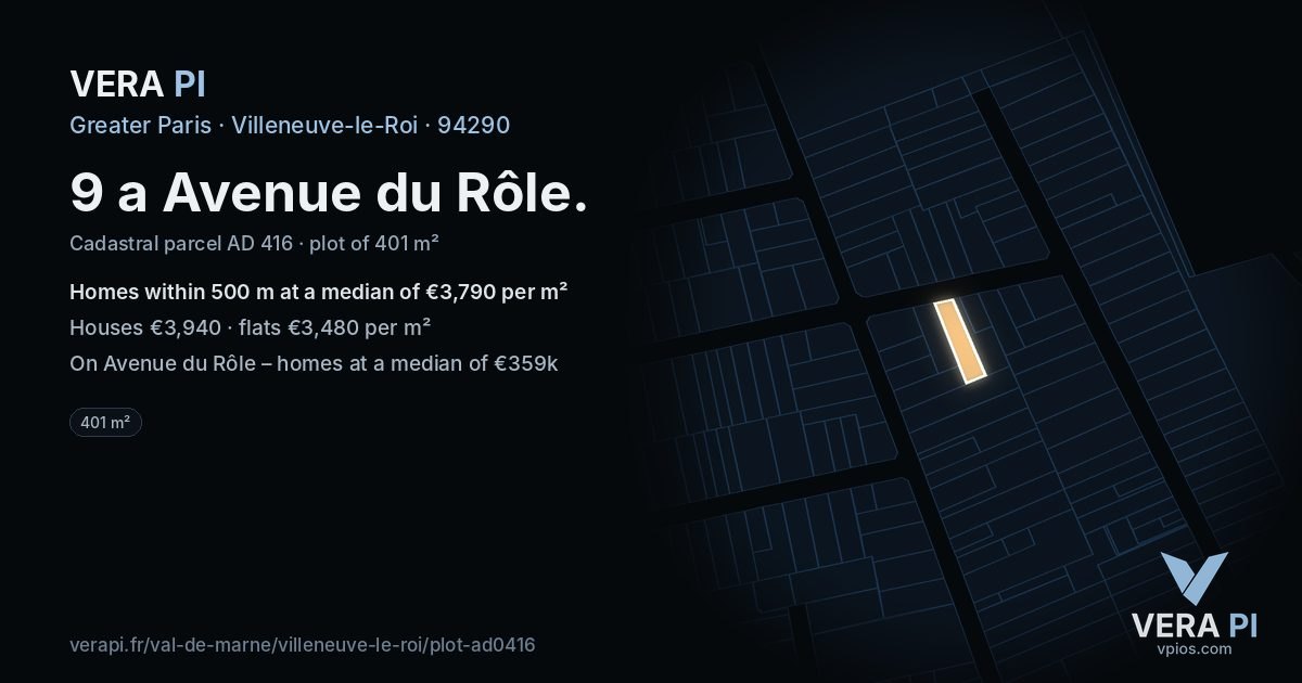 9 a Avenue du Rôle, Villeneuve-le-Roi at night – the plot lit, the parcels around coloured by the prices near them