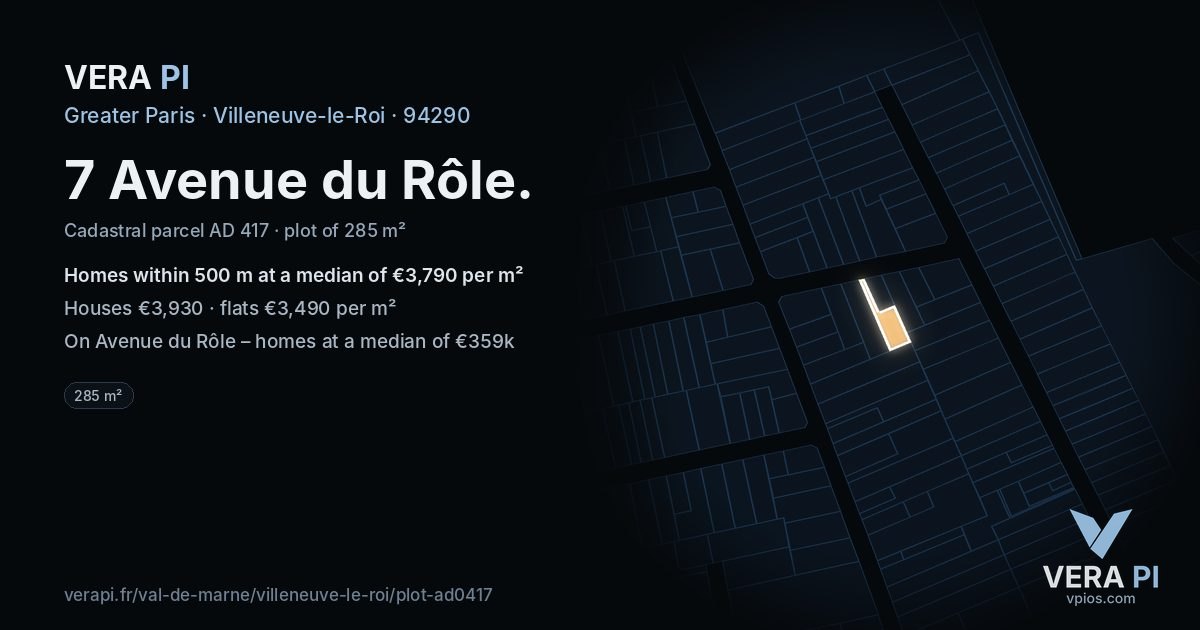 7 Avenue du Rôle, Villeneuve-le-Roi at night – the plot lit, the parcels around coloured by the prices near them
