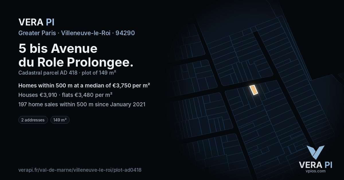 5 bis Avenue du Role Prolongee, Villeneuve-le-Roi at night – the plot lit, the parcels around coloured by the prices near them