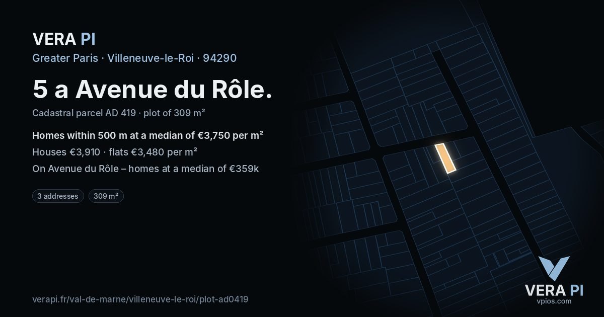 5 a Avenue du Rôle, Villeneuve-le-Roi at night – the plot lit, the parcels around coloured by the prices near them