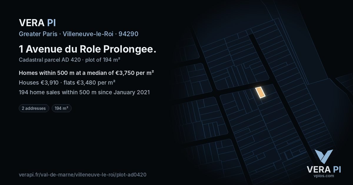 1 Avenue du Role Prolongee, Villeneuve-le-Roi at night – the plot lit, the parcels around coloured by the prices near them