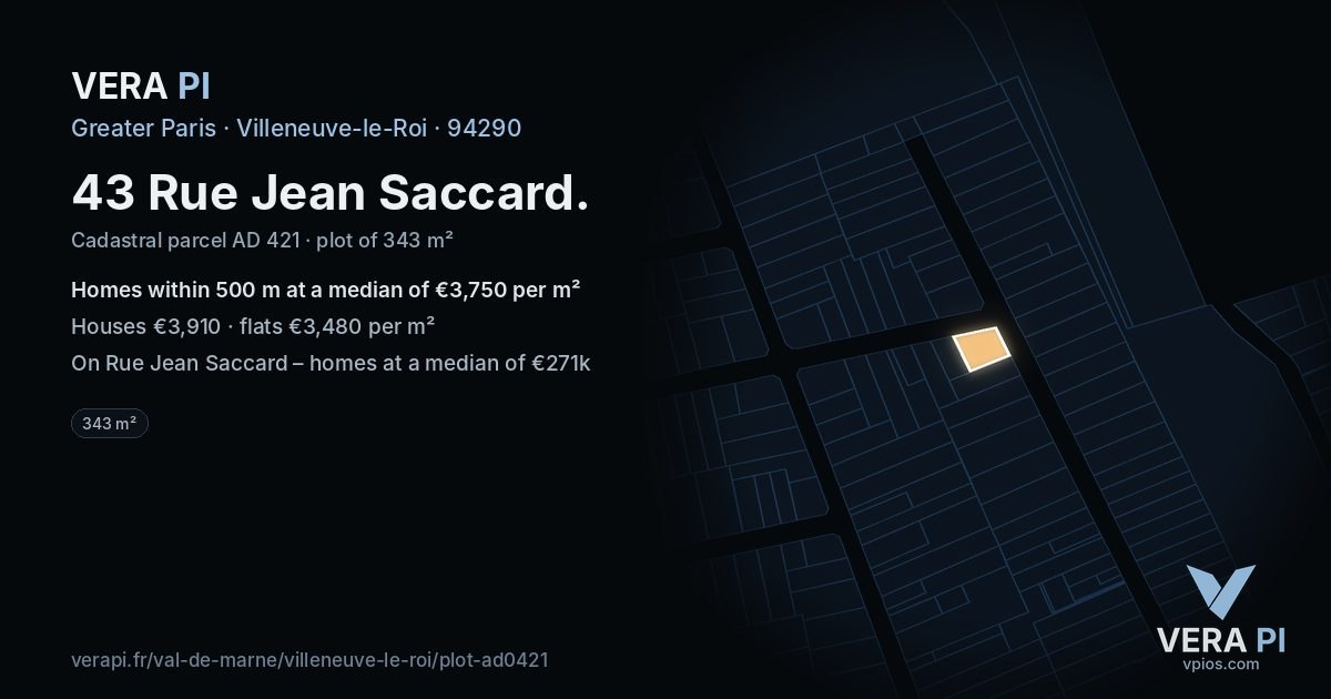 43 Rue Jean Saccard, Villeneuve-le-Roi at night – the plot lit, the parcels around coloured by the prices near them