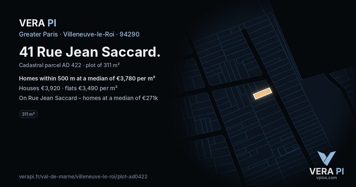 41 Rue Jean Saccard, Villeneuve-le-Roi at night – the plot lit, the parcels around coloured by the prices near them
