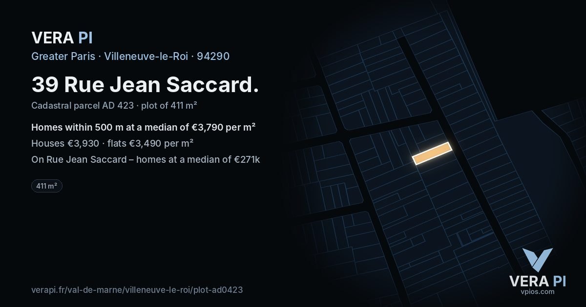 39 Rue Jean Saccard, Villeneuve-le-Roi at night – the plot lit, the parcels around coloured by the prices near them