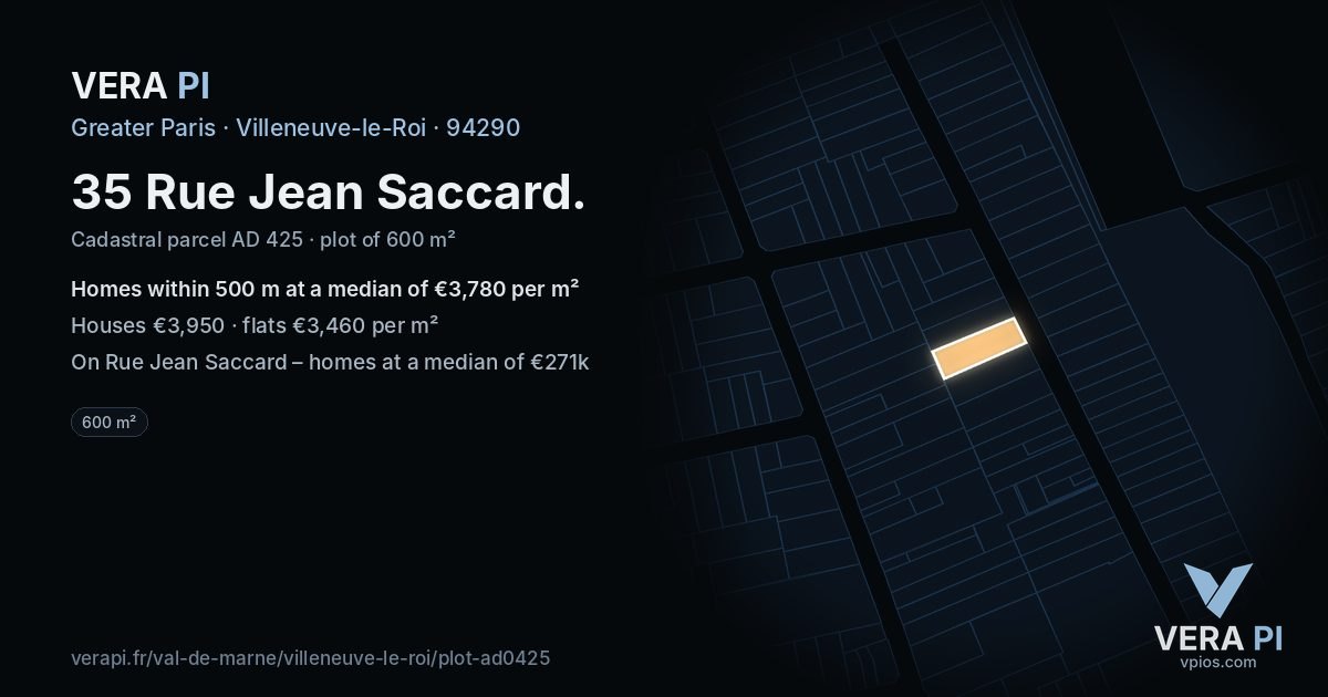 35 Rue Jean Saccard, Villeneuve-le-Roi at night – the plot lit, the parcels around coloured by the prices near them