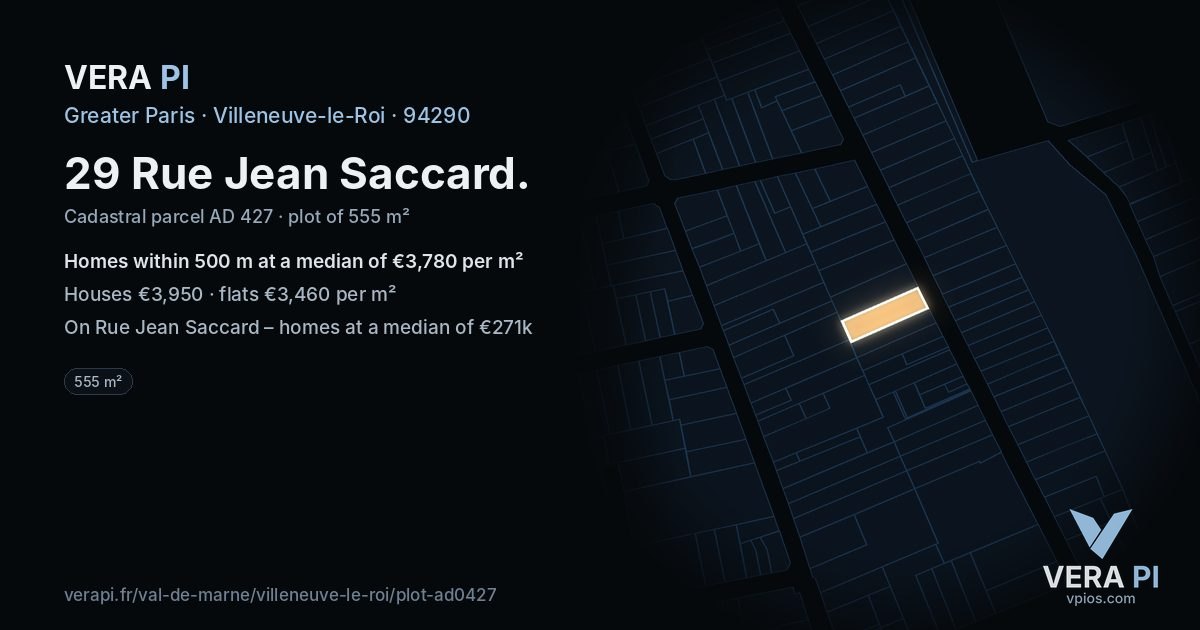 29 Rue Jean Saccard, Villeneuve-le-Roi at night – the plot lit, the parcels around coloured by the prices near them