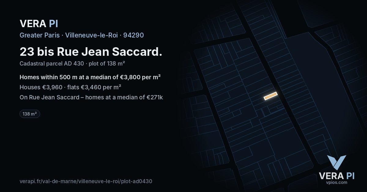 23 bis Rue Jean Saccard, Villeneuve-le-Roi at night – the plot lit, the parcels around coloured by the prices near them