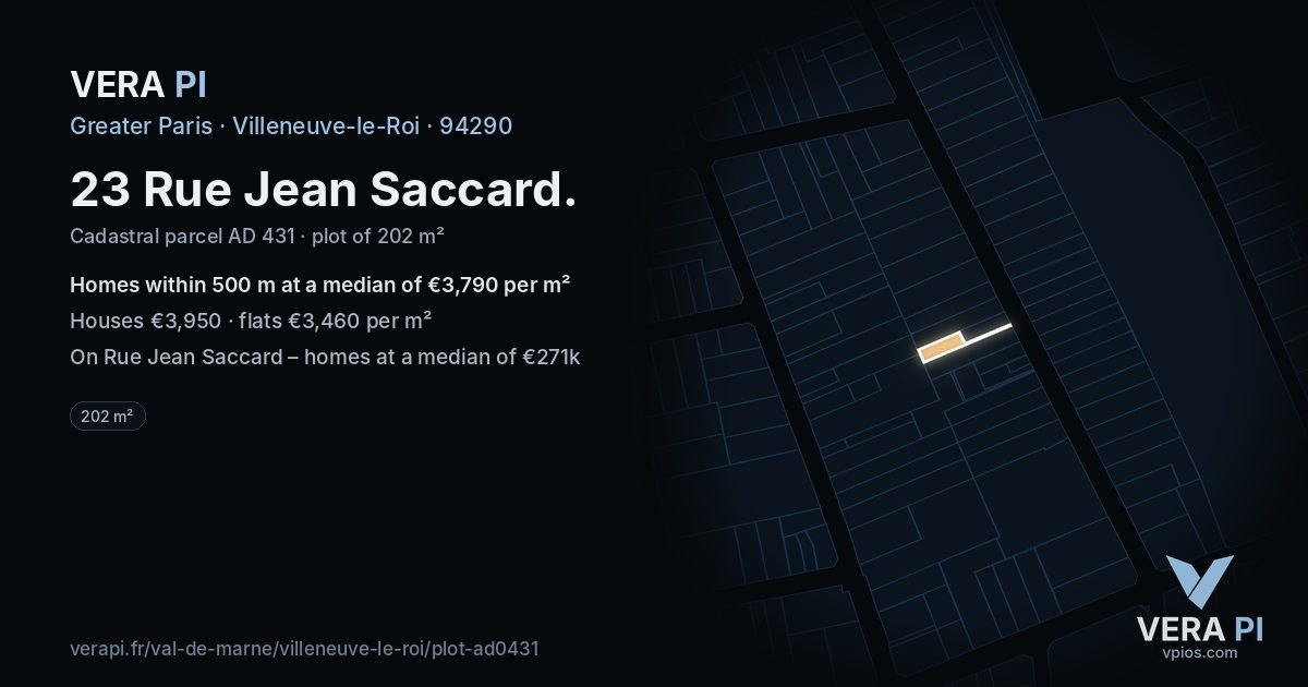 23 Rue Jean Saccard, Villeneuve-le-Roi at night – the plot lit, the parcels around coloured by the prices near them
