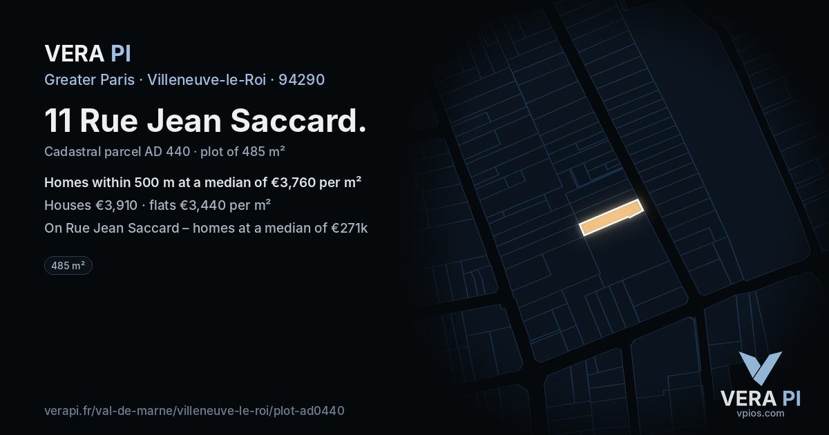 11 Rue Jean Saccard, Villeneuve-le-Roi at night – the plot lit, the parcels around coloured by the prices near them