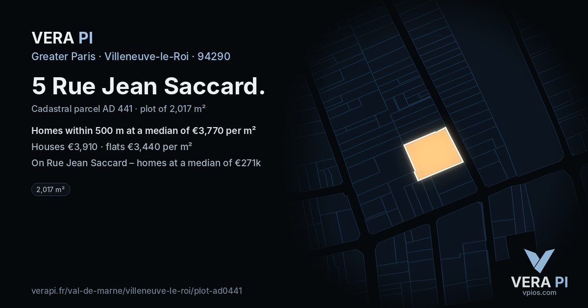 5 Rue Jean Saccard, Villeneuve-le-Roi at night – the plot lit, the parcels around coloured by the prices near them