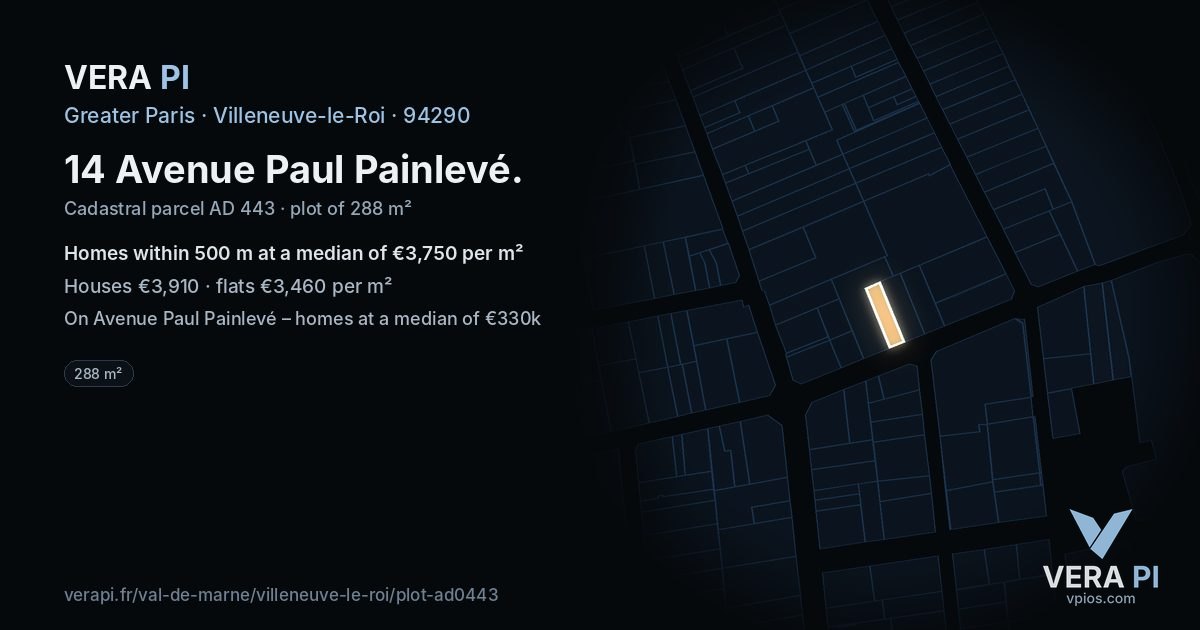 14 Avenue Paul Painlevé, Villeneuve-le-Roi at night – the plot lit, the parcels around coloured by the prices near them