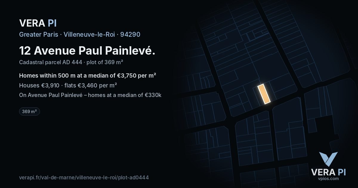 12 Avenue Paul Painlevé, Villeneuve-le-Roi at night – the plot lit, the parcels around coloured by the prices near them