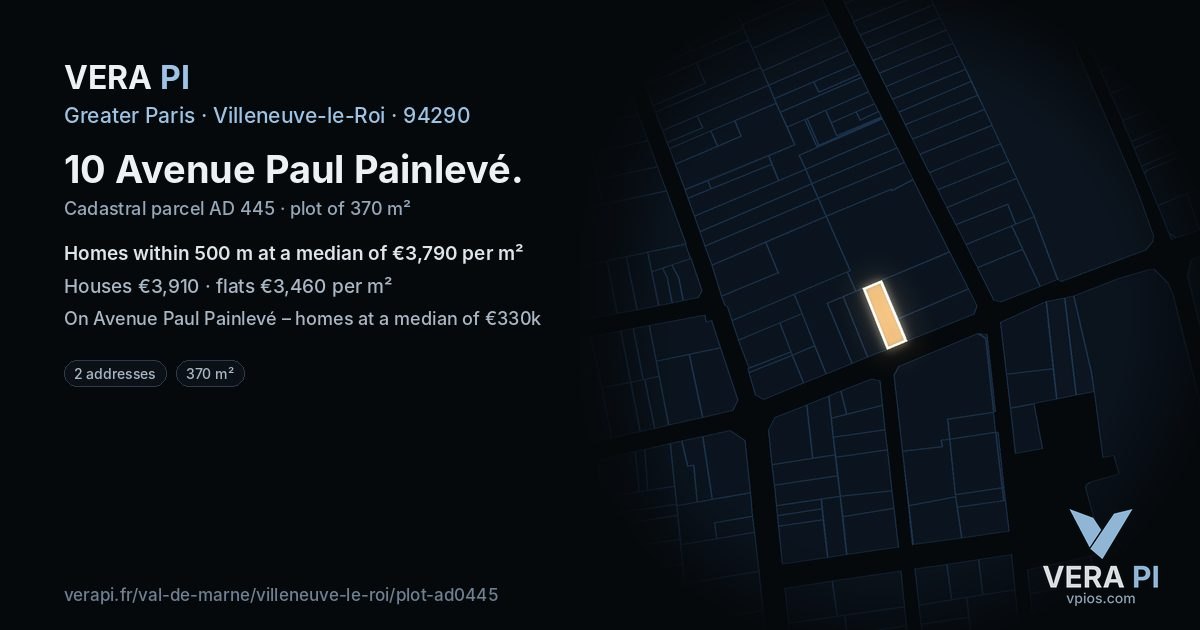 10 Avenue Paul Painlevé, Villeneuve-le-Roi at night – the plot lit, the parcels around coloured by the prices near them