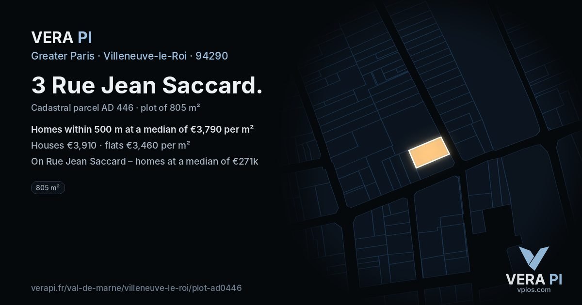 3 Rue Jean Saccard, Villeneuve-le-Roi at night – the plot lit, the parcels around coloured by the prices near them