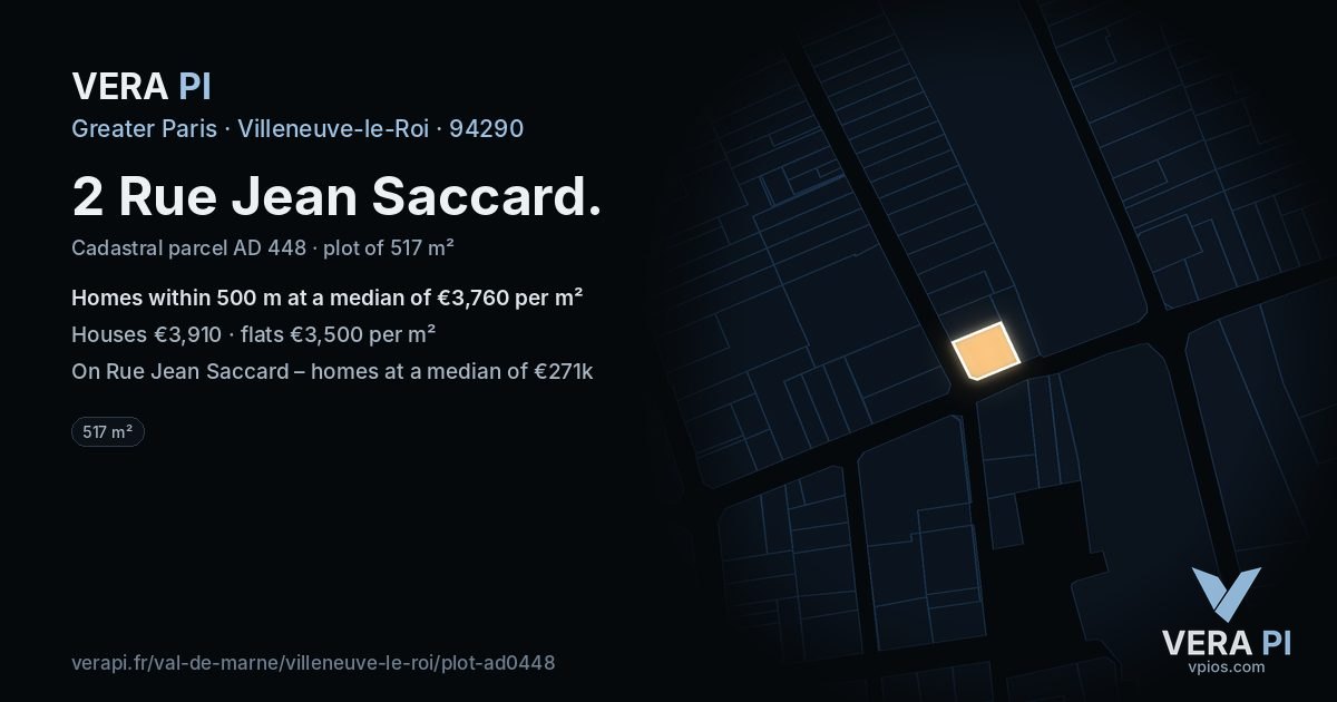 2 Rue Jean Saccard, Villeneuve-le-Roi at night – the plot lit, the parcels around coloured by the prices near them