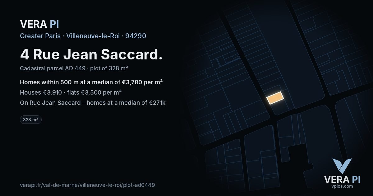 4 Rue Jean Saccard, Villeneuve-le-Roi at night – the plot lit, the parcels around coloured by the prices near them