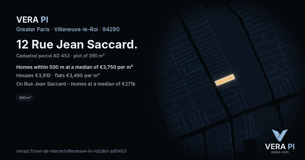 12 Rue Jean Saccard, Villeneuve-le-Roi at night – the plot lit, the parcels around coloured by the prices near them