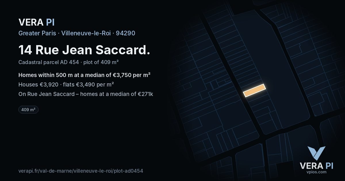 14 Rue Jean Saccard, Villeneuve-le-Roi at night – the plot lit, the parcels around coloured by the prices near them