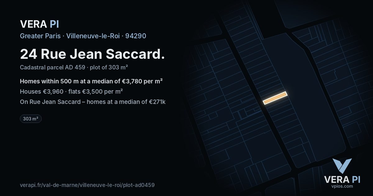 24 Rue Jean Saccard, Villeneuve-le-Roi at night – the plot lit, the parcels around coloured by the prices near them