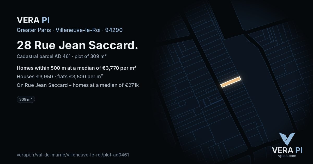 28 Rue Jean Saccard, Villeneuve-le-Roi at night – the plot lit, the parcels around coloured by the prices near them