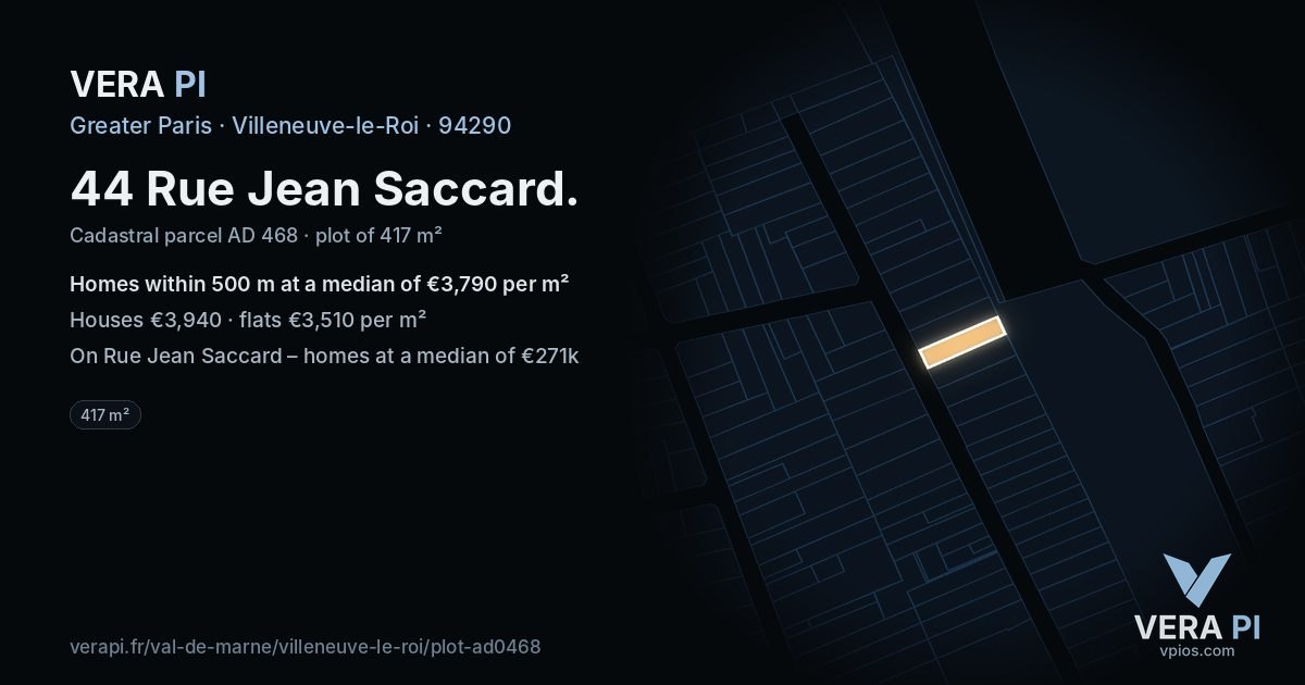 44 Rue Jean Saccard, Villeneuve-le-Roi at night – the plot lit, the parcels around coloured by the prices near them