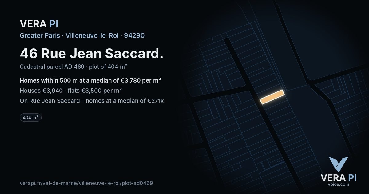 46 Rue Jean Saccard, Villeneuve-le-Roi at night – the plot lit, the parcels around coloured by the prices near them