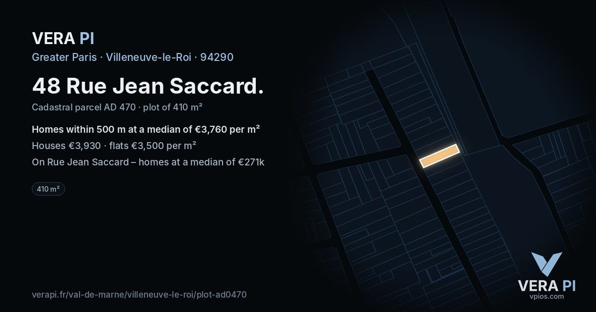 48 Rue Jean Saccard, Villeneuve-le-Roi at night – the plot lit, the parcels around coloured by the prices near them