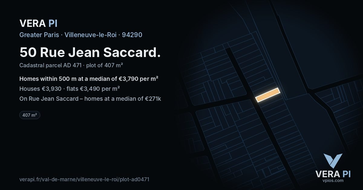 50 Rue Jean Saccard, Villeneuve-le-Roi at night – the plot lit, the parcels around coloured by the prices near them
