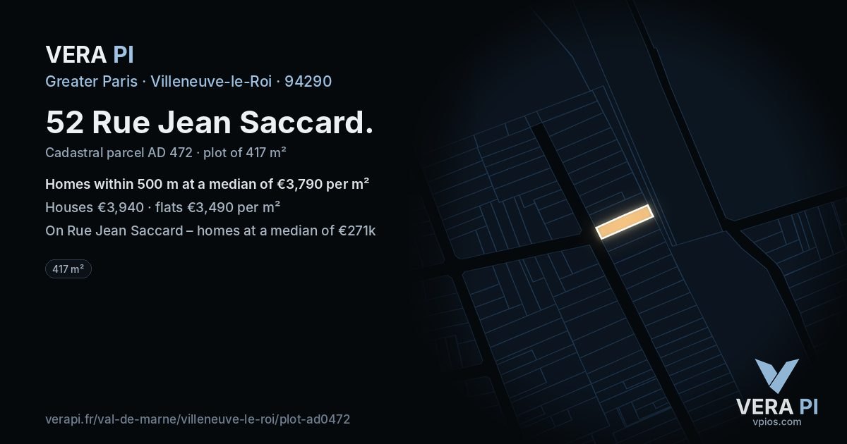 52 Rue Jean Saccard, Villeneuve-le-Roi at night – the plot lit, the parcels around coloured by the prices near them