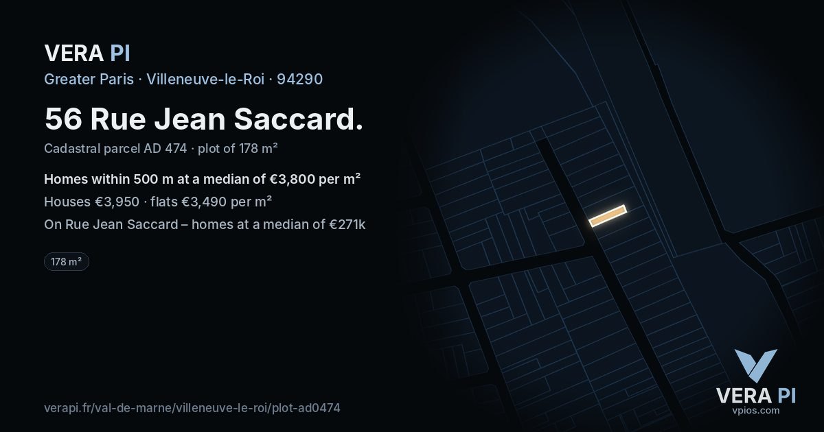 56 Rue Jean Saccard, Villeneuve-le-Roi at night – the plot lit, the parcels around coloured by the prices near them
