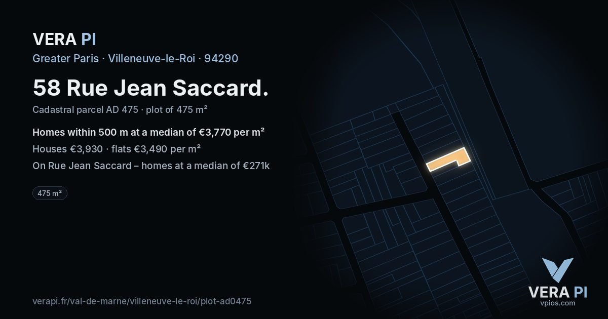 58 Rue Jean Saccard, Villeneuve-le-Roi at night – the plot lit, the parcels around coloured by the prices near them