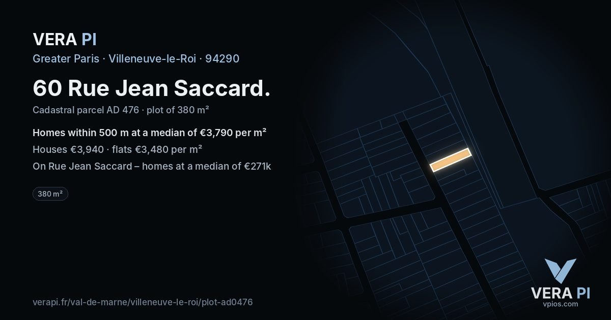 60 Rue Jean Saccard, Villeneuve-le-Roi at night – the plot lit, the parcels around coloured by the prices near them