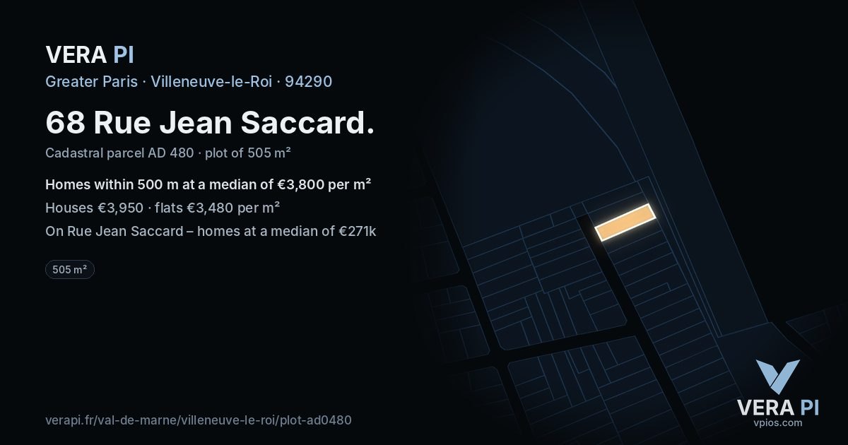 68 Rue Jean Saccard, Villeneuve-le-Roi at night – the plot lit, the parcels around coloured by the prices near them