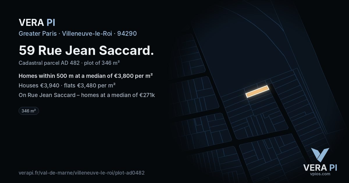 59 Rue Jean Saccard, Villeneuve-le-Roi at night – the plot lit, the parcels around coloured by the prices near them