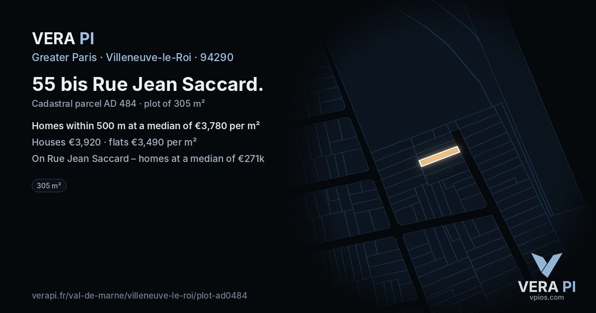 55 bis Rue Jean Saccard, Villeneuve-le-Roi at night – the plot lit, the parcels around coloured by the prices near them